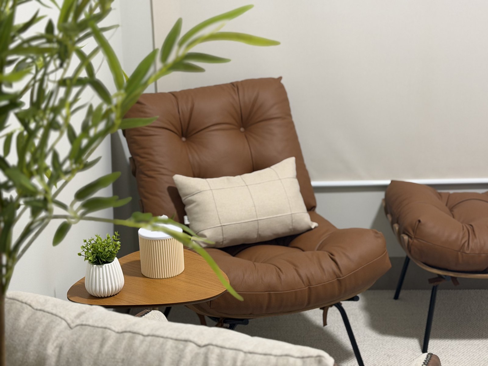 Detalhe do espaço terapêutico, poltrona, plantas e mesa lateral
